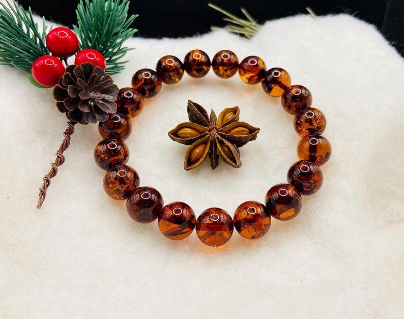 11mm Apaļo pērlīšu ķiršu krāsas pulēta Dzintara aproce