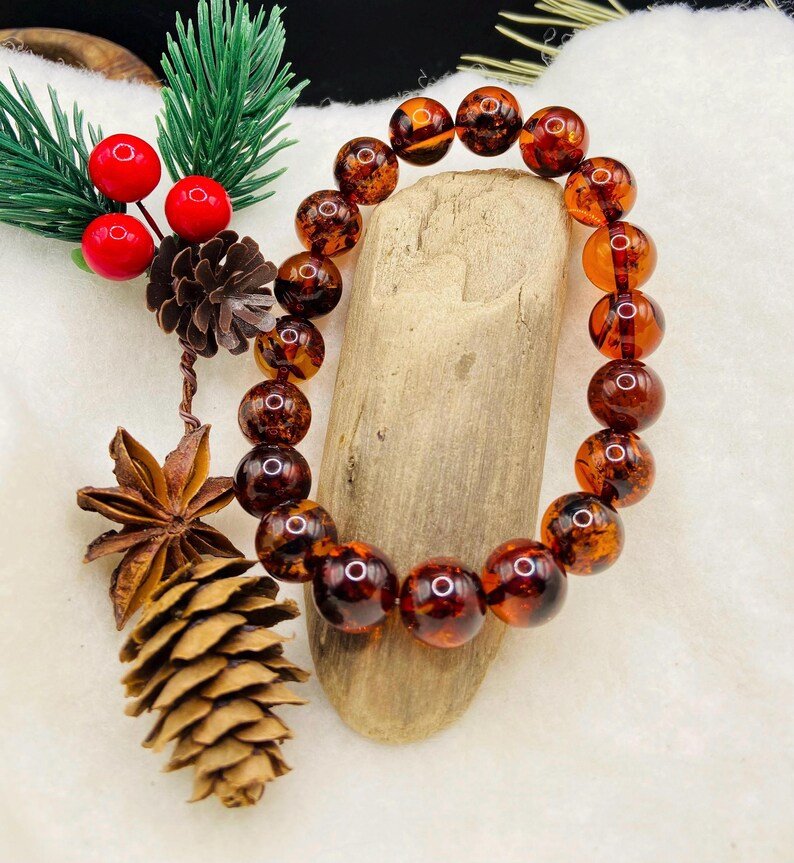 11mm Apaļo pērlīšu ķiršu krāsas pulēta Dzintara aproce