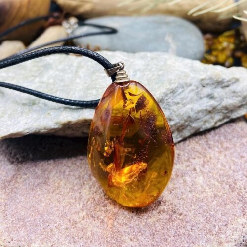 Īpašs Dzintara kulons ar neticamiem ietvērumiem un pulētu virsmu