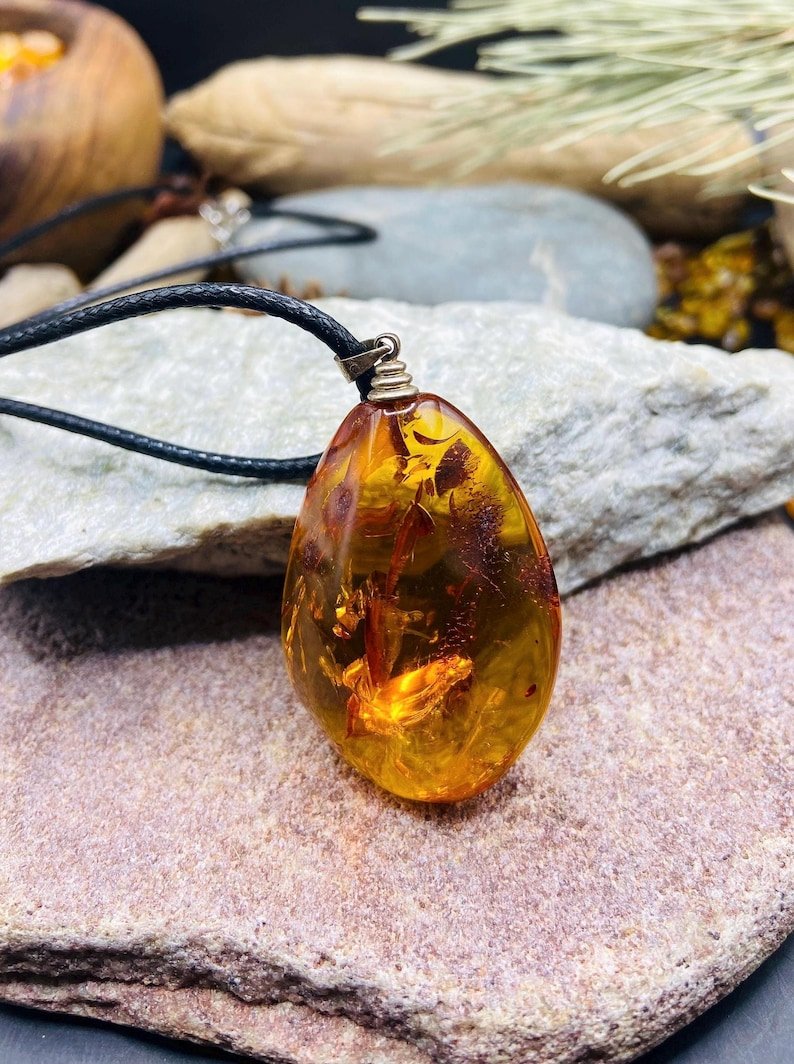 Īpašs Dzintara kulons ar neticamiem ietvērumiem un pulētu virsmu