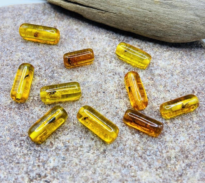 10 gabali miniatūri dzintara gabaliņi ar īstiem insektu ietvērumiem