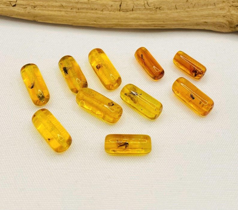 10 gabali miniatūri dzintara gabaliņi ar īstiem insektu ietvērumiem