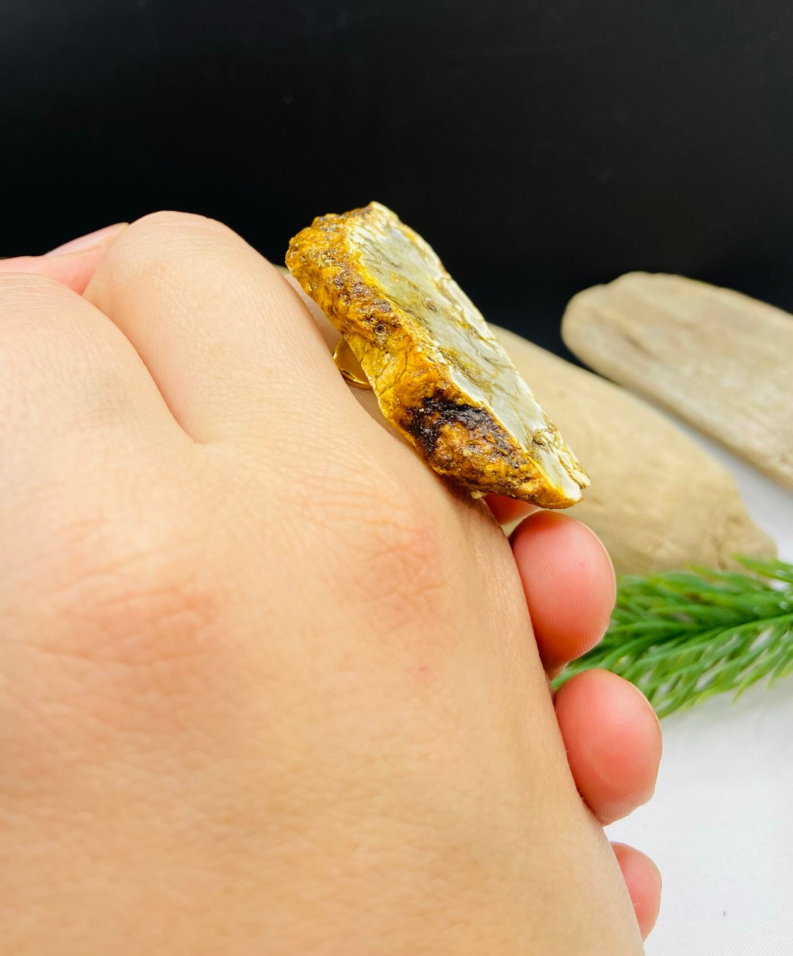 Unikāls balti-melna toņa dzintara gredzens ar sudrabu