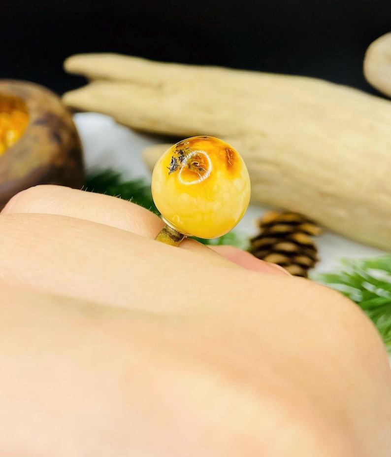 Skaists baltā dzintara apaļais gredzens ar regulējamu izmēru