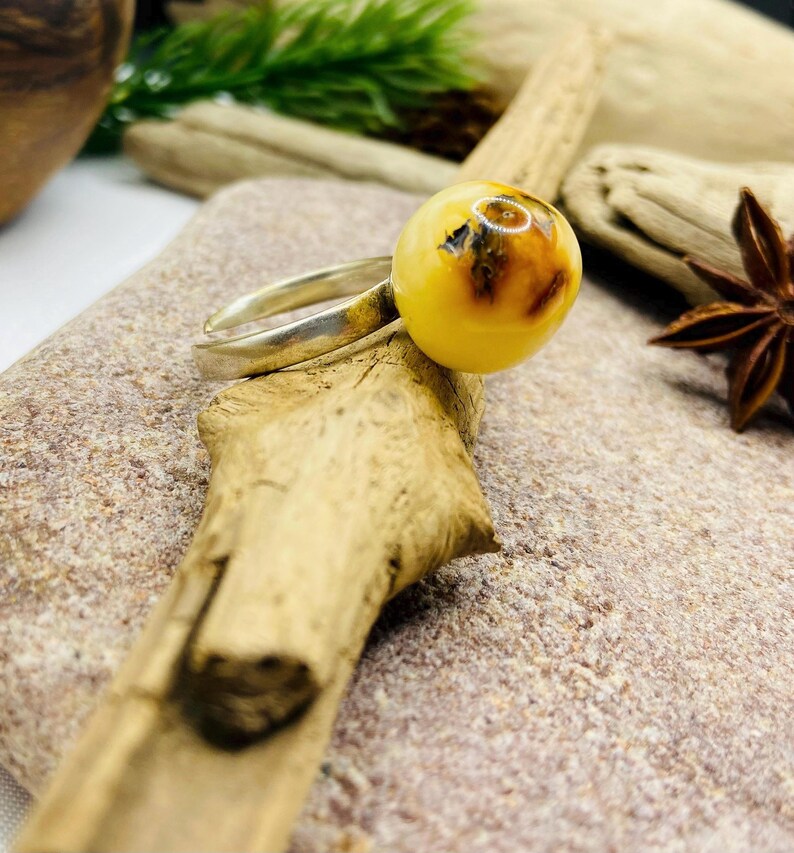 Skaists baltā dzintara apaļais gredzens ar regulējamu izmēru